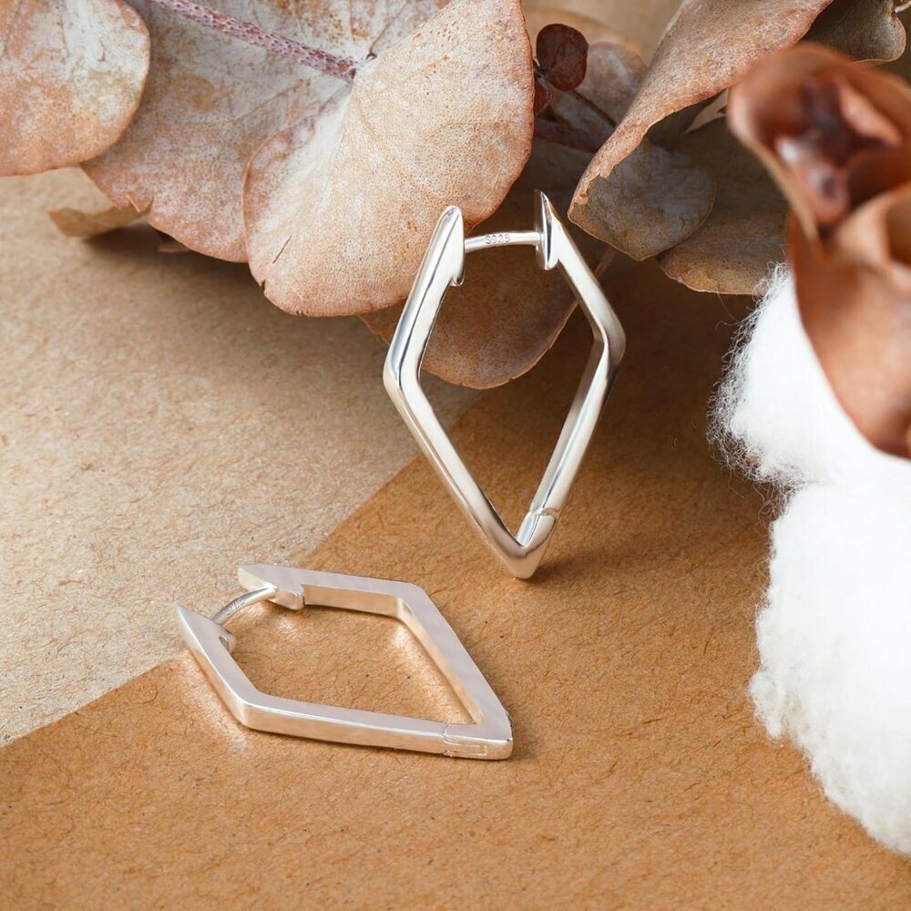 925 Sterling Silver Star Rhombus Hoop Earrings for Women Hypoallergenic Gift - Picture 4 of 6